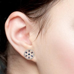 Blue Sapphire Diamond 18 Karat White Gold Flower Stud Earrings