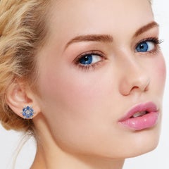 Blue Sapphire Diamond 18 Karat White Gold Flower Stud Earrings