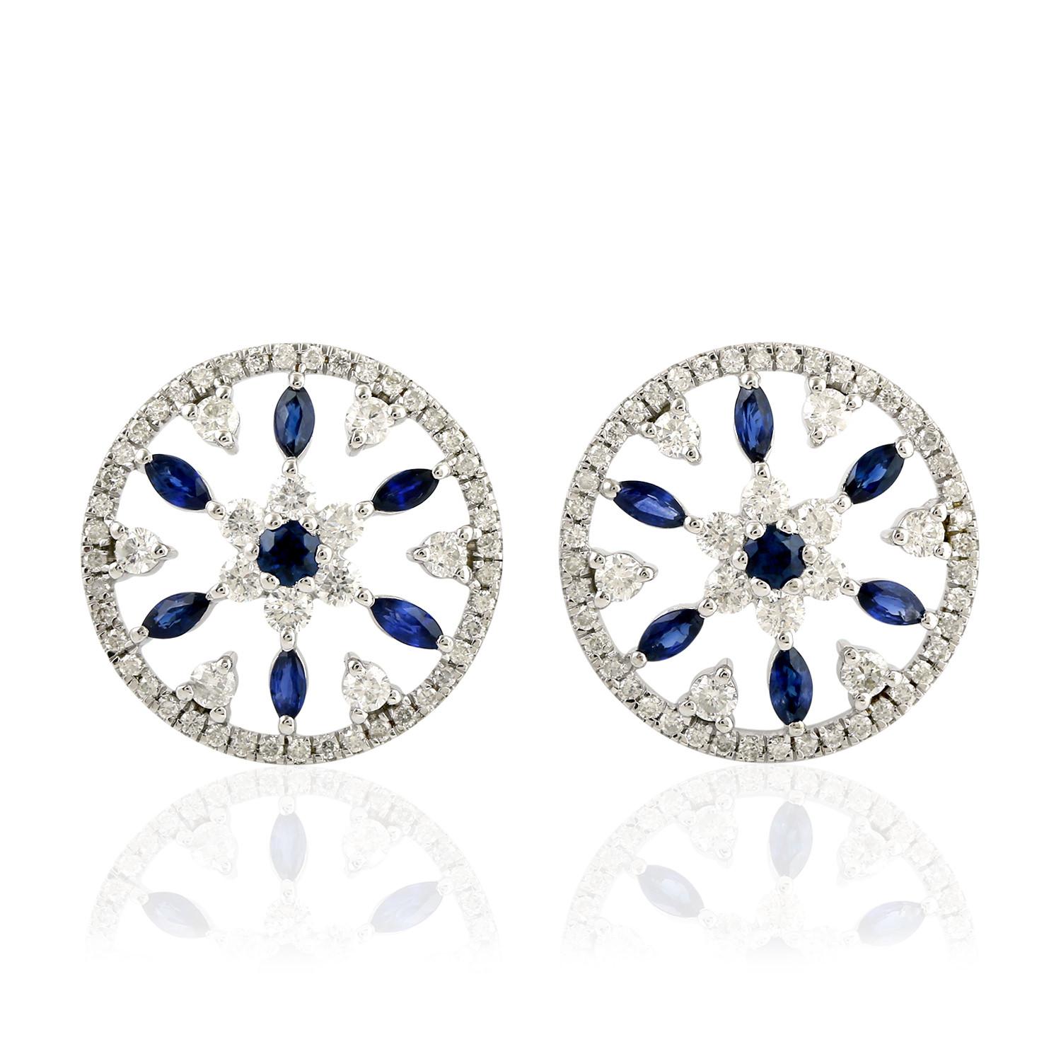 Round Cut Blue Sapphire Diamond 18 Karat White Gold Flower Stud Earrings For Sale