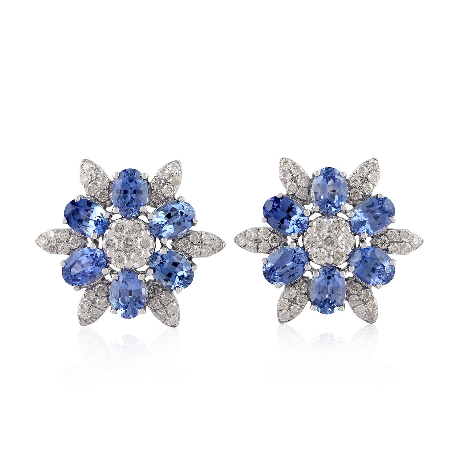 Round Cut Blue Sapphire Diamond 18 Karat White Gold Flower Stud Earrings For Sale