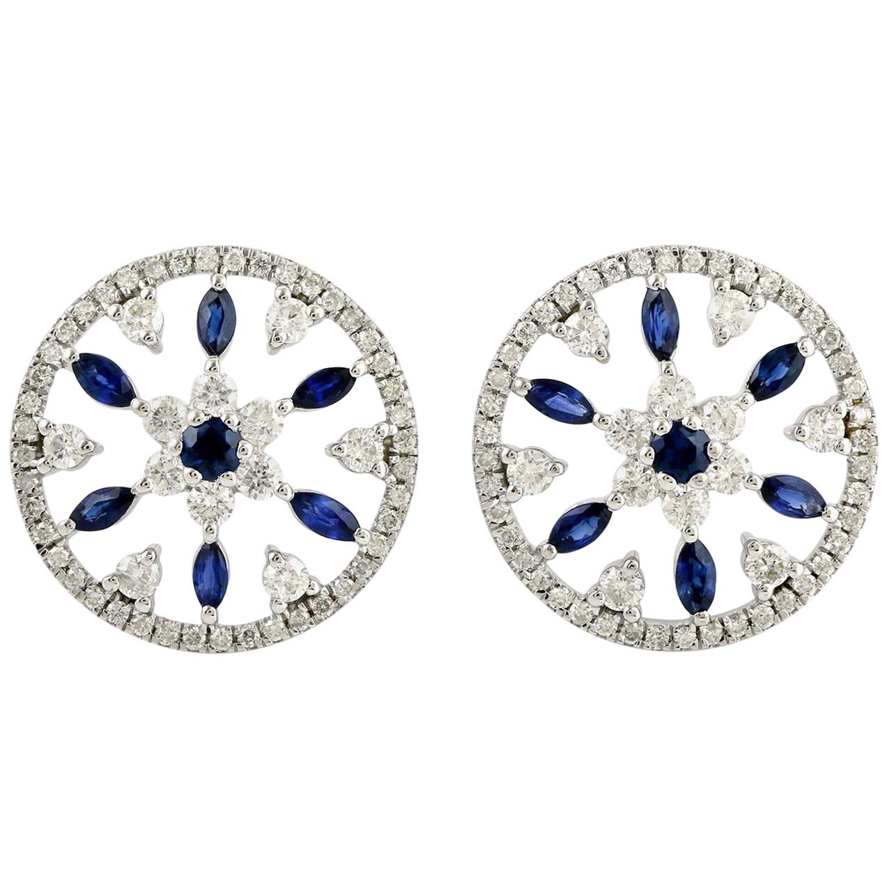 Blue Sapphire Diamond 18 Karat White Gold Flower Stud Earrings For Sale