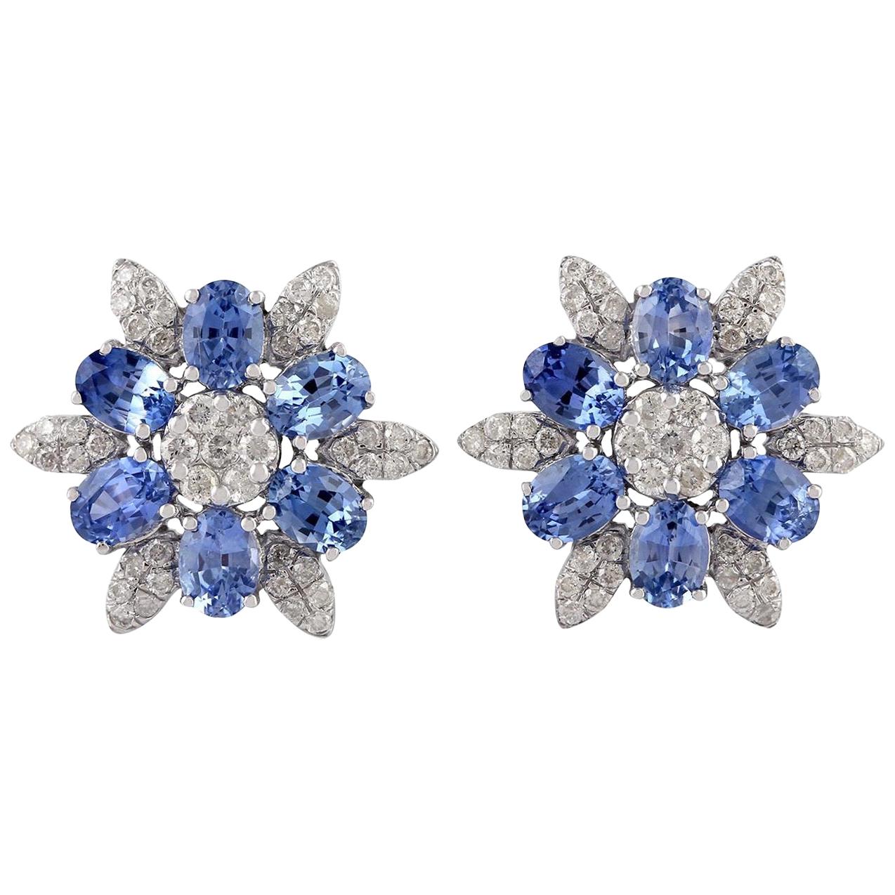 Blue Sapphire Diamond 18 Karat White Gold Flower Stud Earrings For Sale