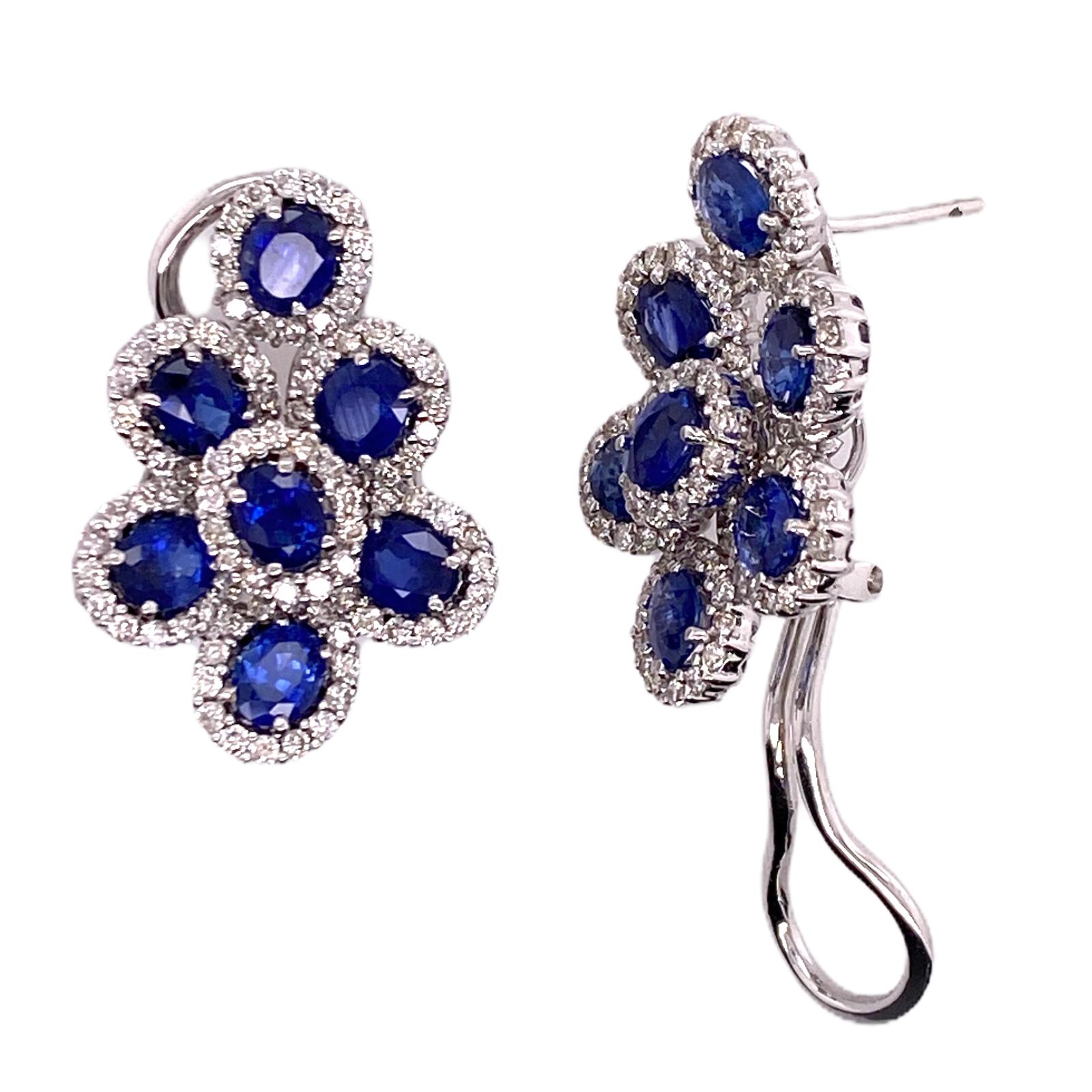 Modern Natural Blue Sapphire Diamond 18 Karat White Gold Lever Back Earrings For Sale