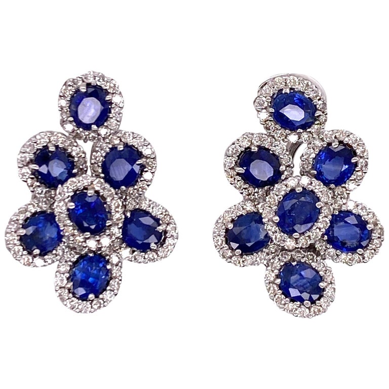 Natural Blue Sapphire Diamond 18 Karat White Gold Lever Back Earrings ...