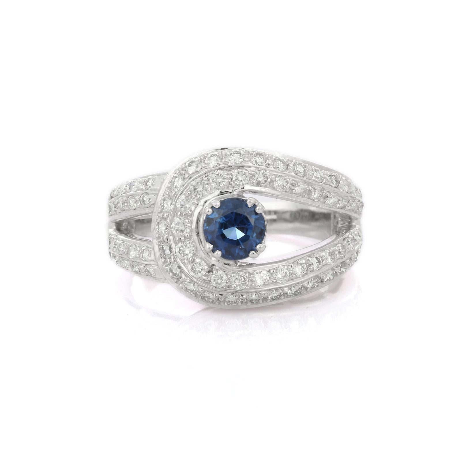 Modern Blue Sapphire Diamond 14 Karat White Gold Ring For Sale