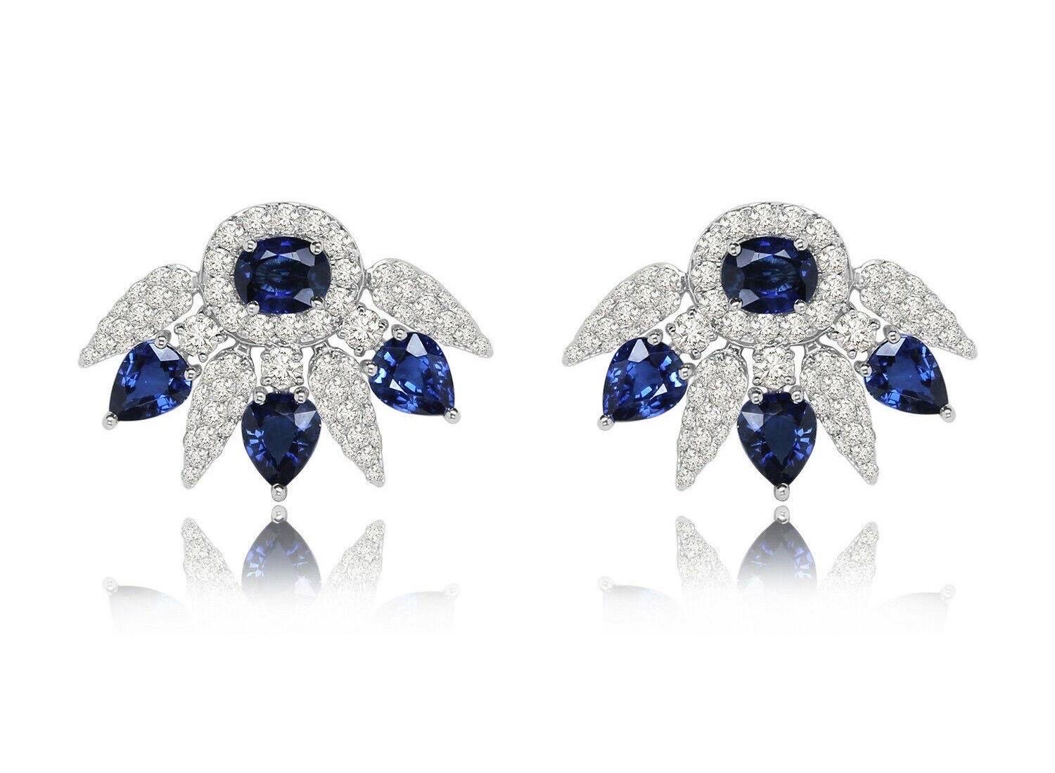 Contemporary Blue Sapphire Diamond 14 Karat White Gold Spike Stud Earrings For Sale