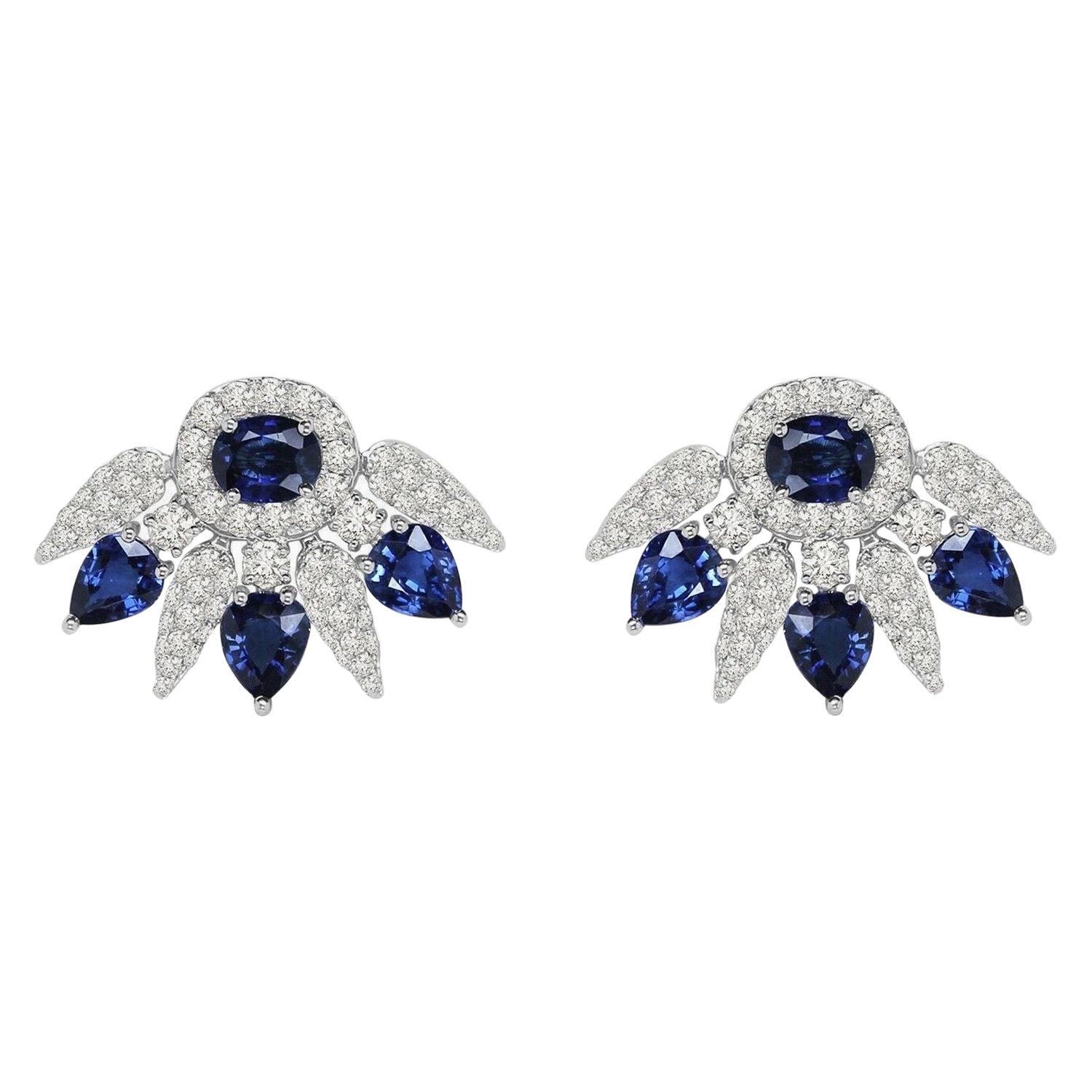 Blue Sapphire Diamond 14 Karat White Gold Spike Stud Earrings For Sale