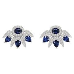 Blue Sapphire Diamond 14 Karat White Gold Spike Stud Earrings