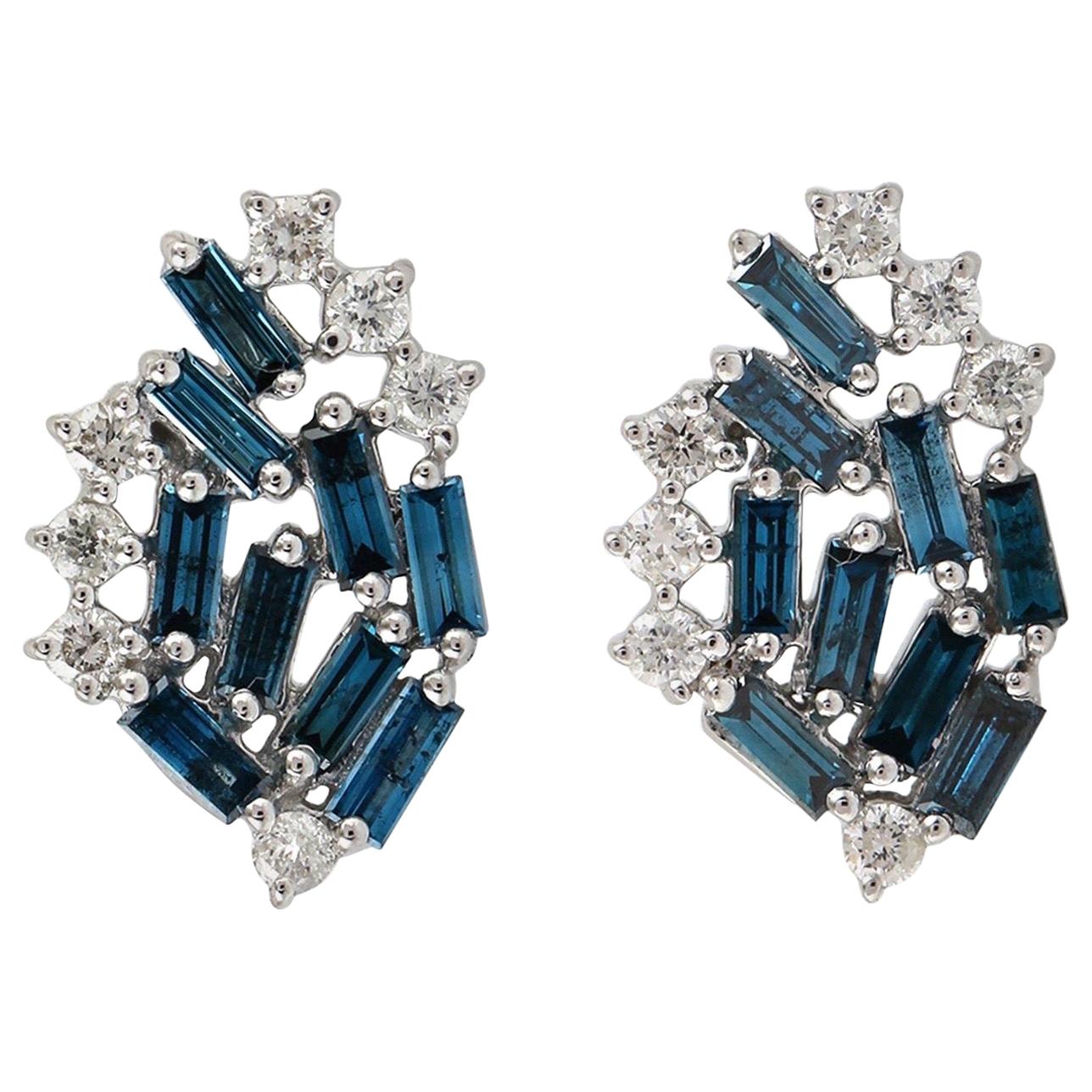 Blue Sapphire Diamond 18 Karat White Gold Stud Earrings For Sale
