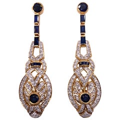 Blue Sapphire Diamond 18 Karat Yellow Gold Drop Estate Earrings