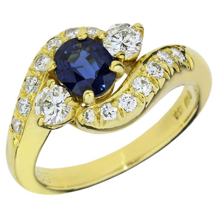 Blue Sapphire & Diamond 18K Bypass Ring For Sale