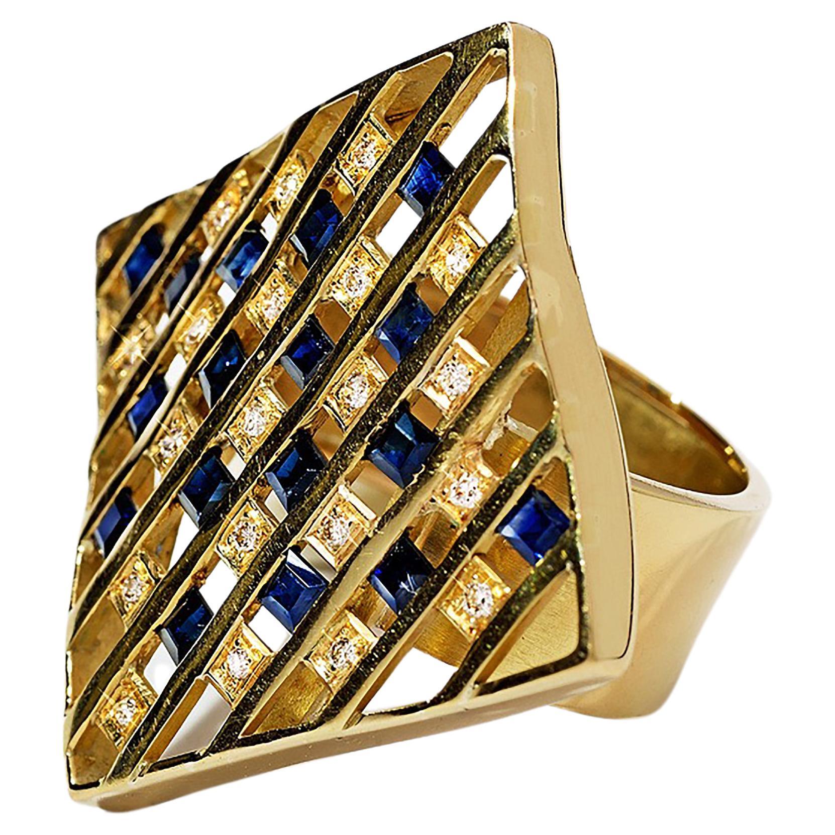Blue Sapphire Diamond 18k Gold Cocktail Ring For Sale