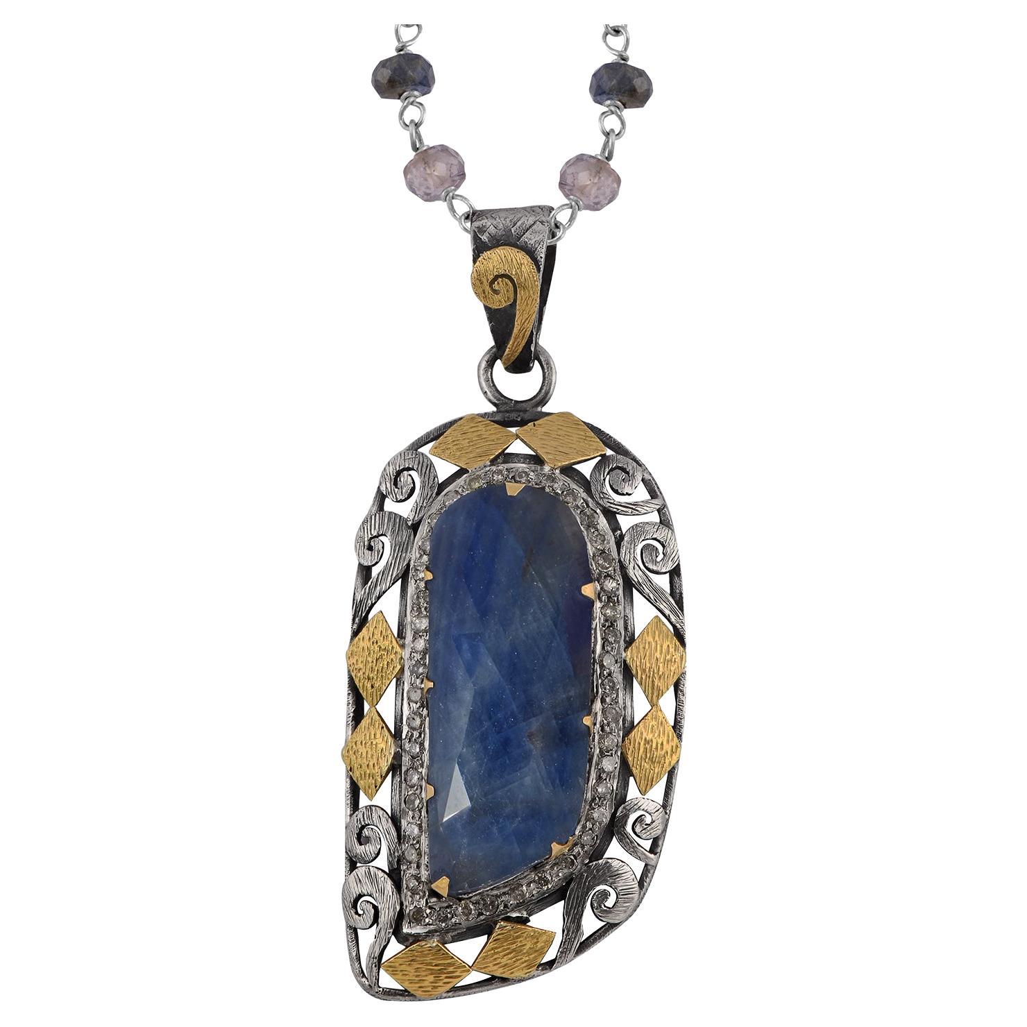 Blue Sapphire Diamond 18k Gold Silver Statement Pendant