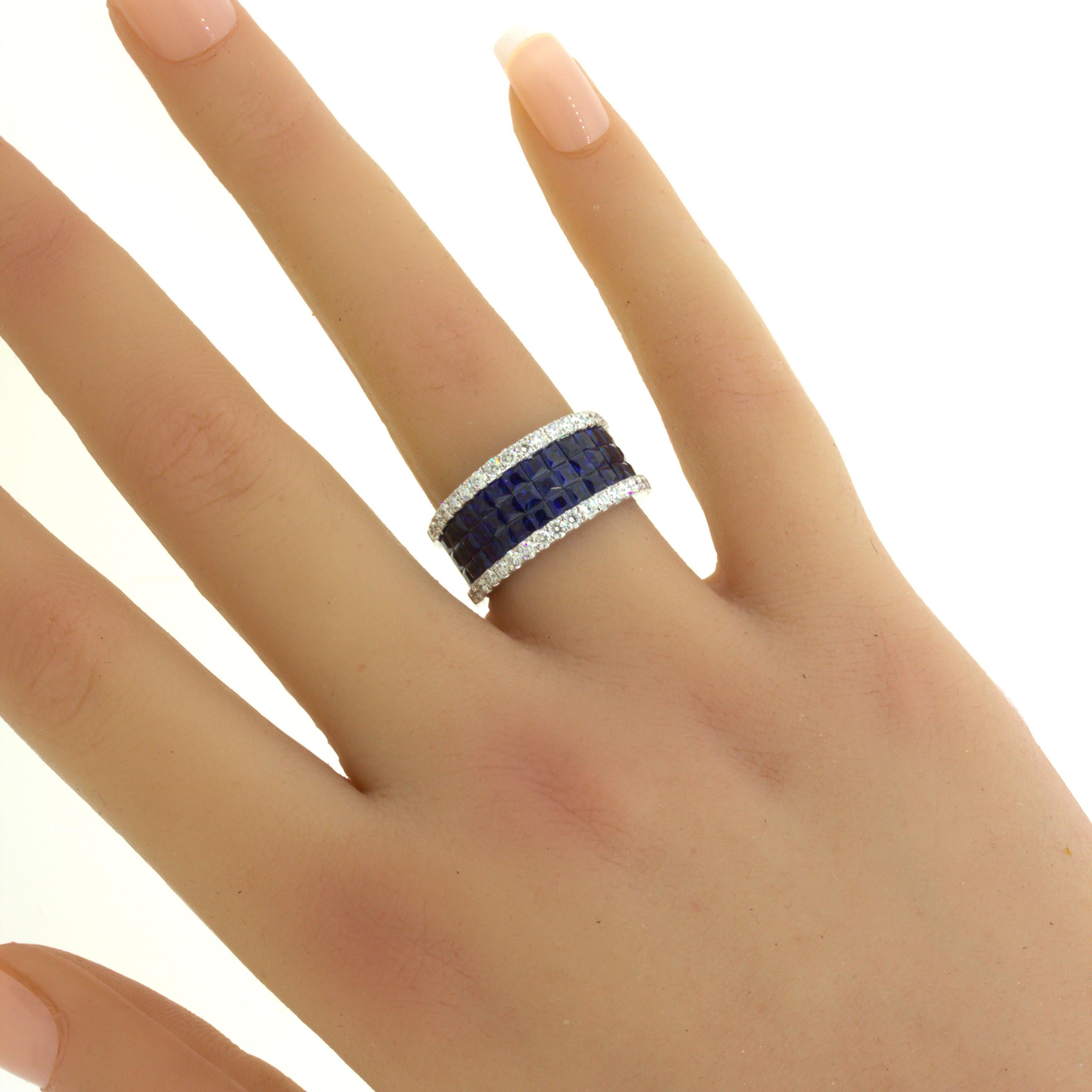Blue-Sapphire Diamond 18k White Gold Band Ring For Sale 6