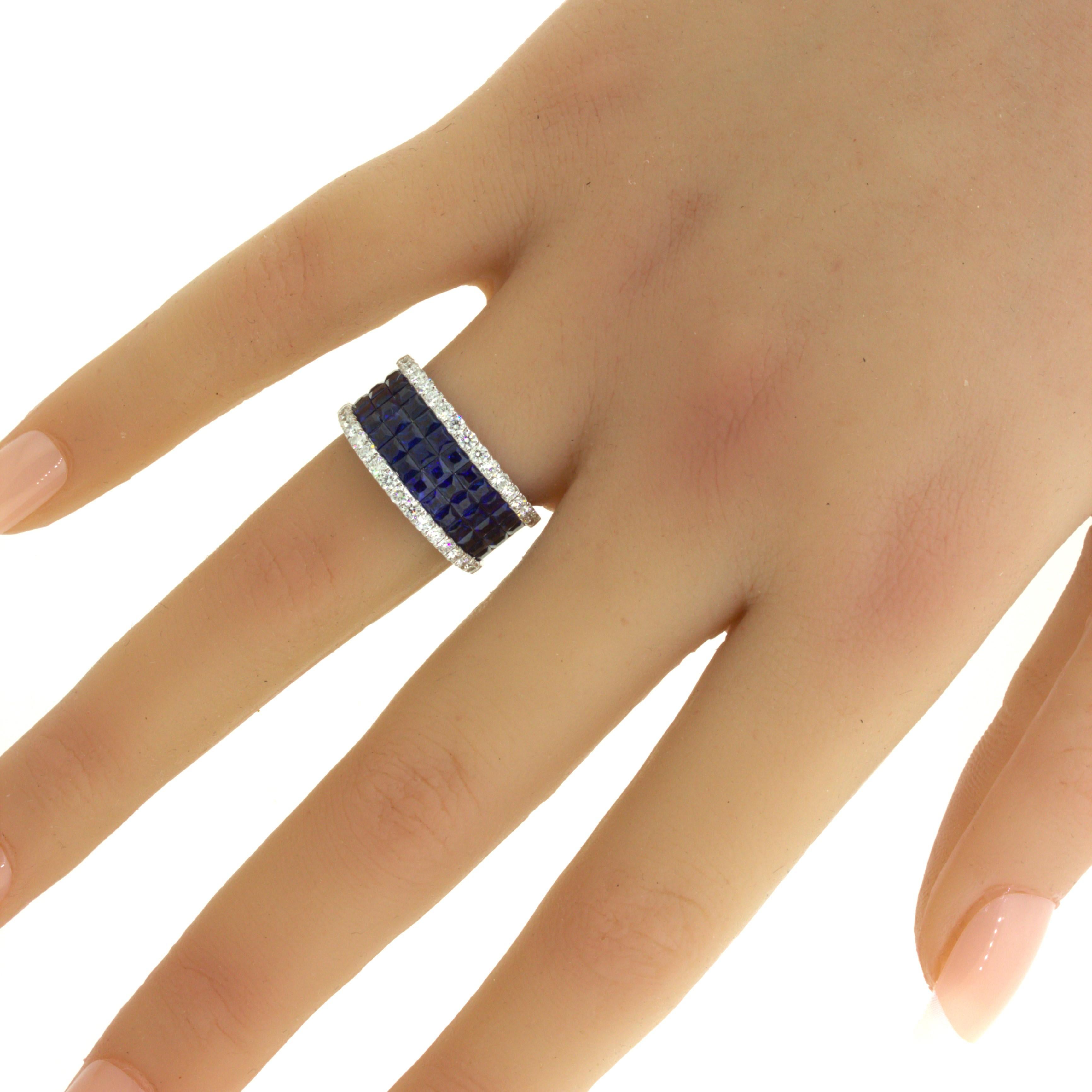 Blue-Sapphire Diamond 18k White Gold Band Ring For Sale 7