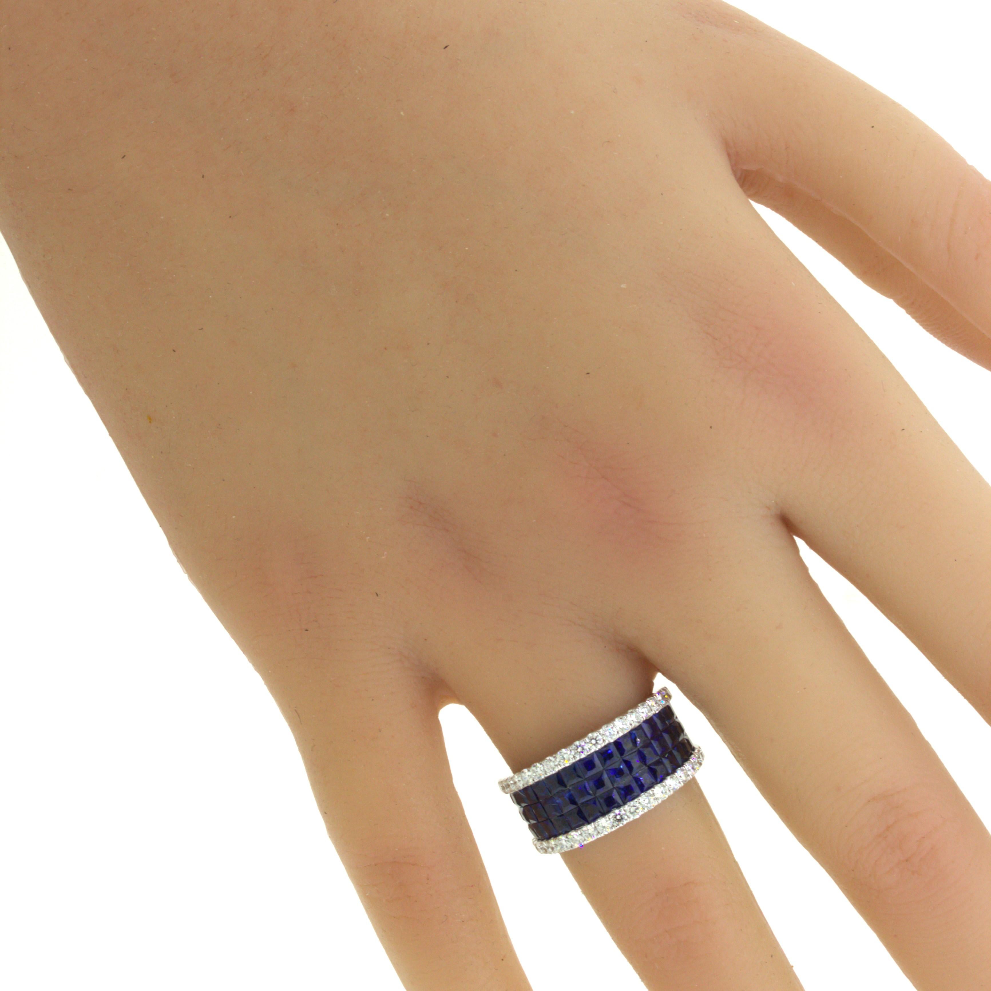 Blue-Sapphire Diamond 18k White Gold Band Ring For Sale 8