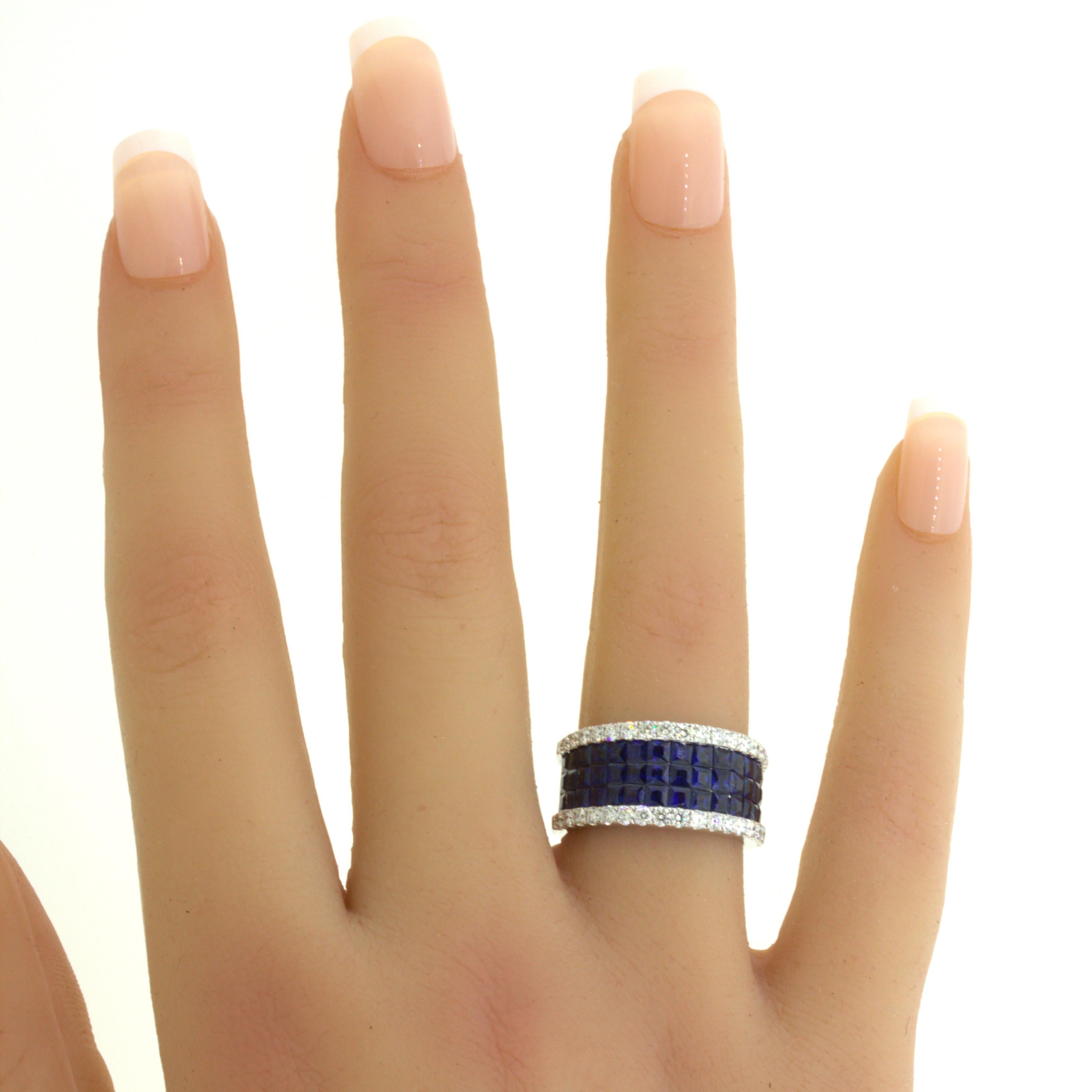 Blue-Sapphire Diamond 18k White Gold Band Ring For Sale 9