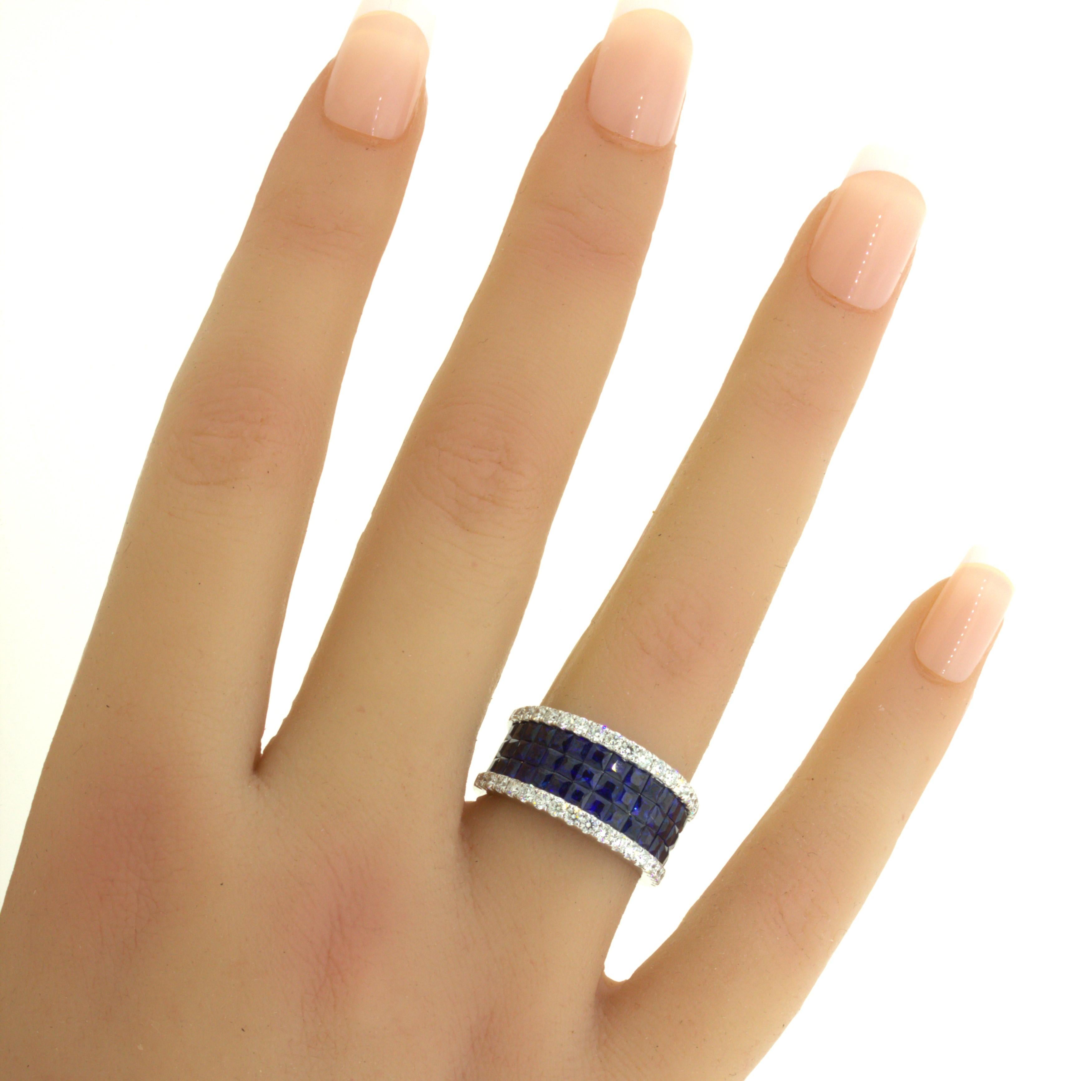 Blue-Sapphire Diamond 18k White Gold Band Ring For Sale 10