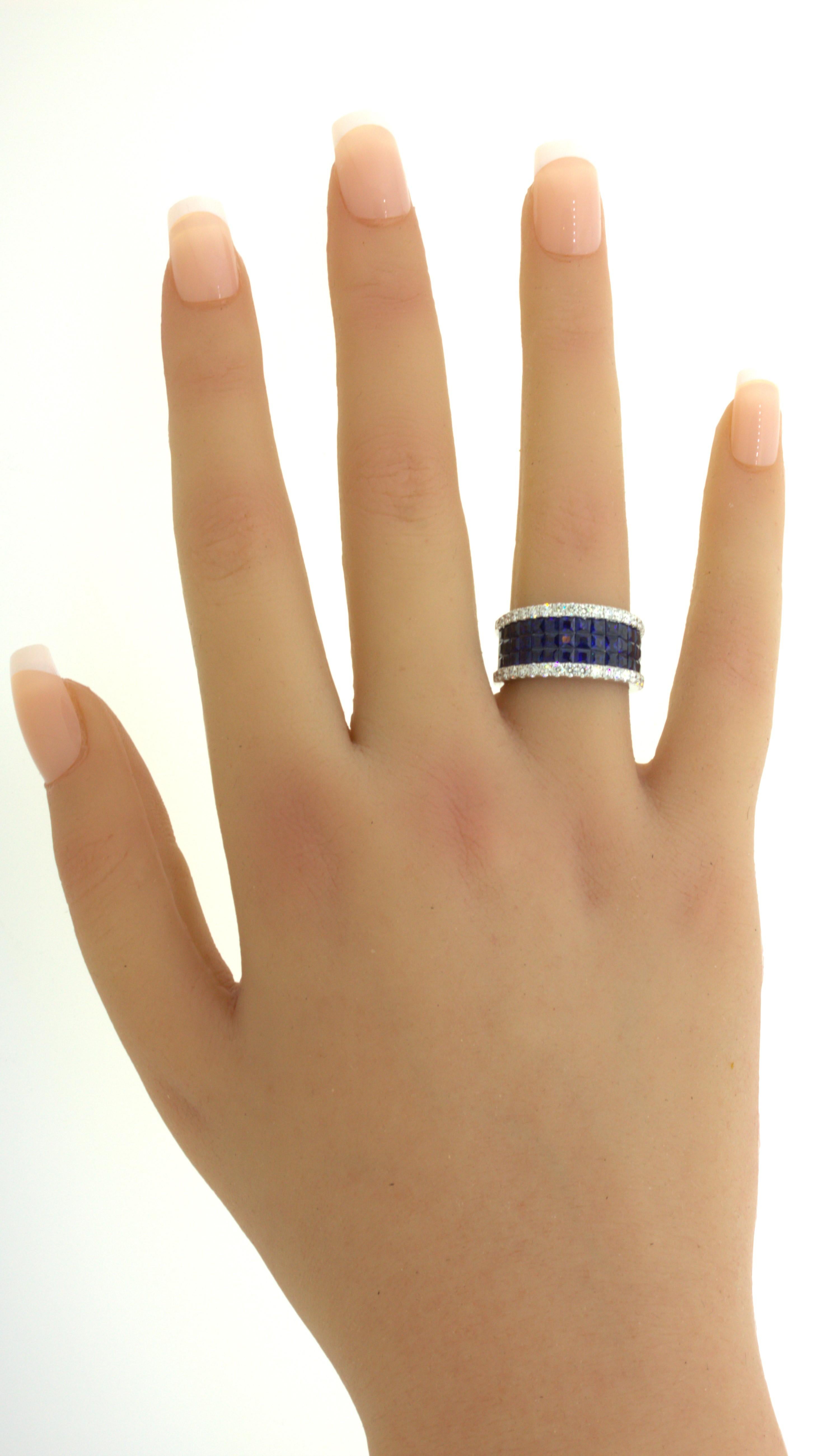 Blue-Sapphire Diamond 18k White Gold Band Ring For Sale 11