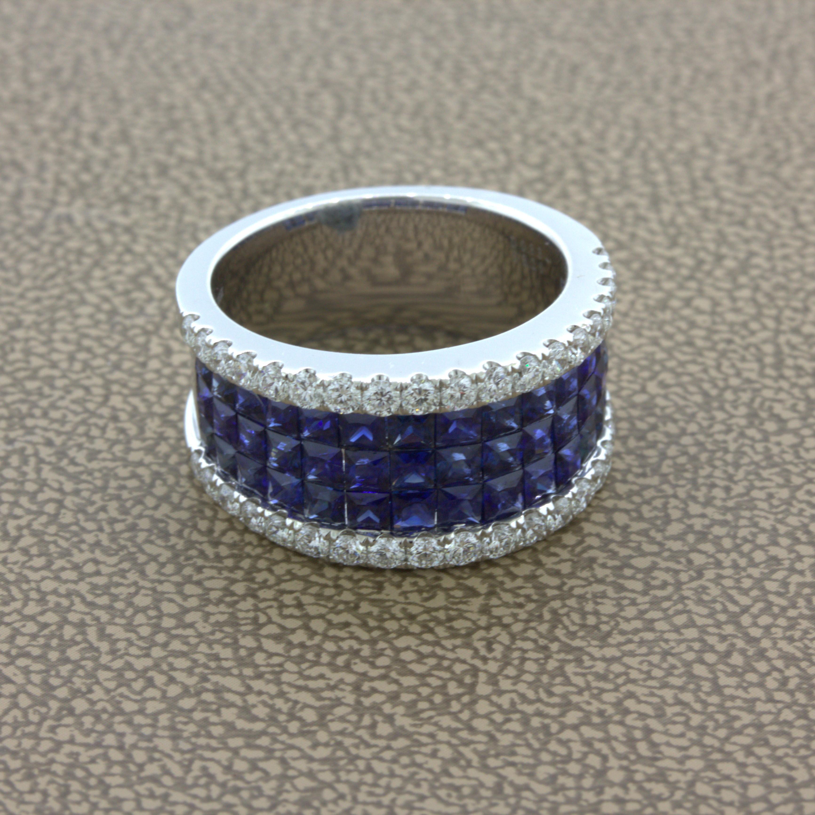 A chic and stylish wide band featuring 3.26 carats of invisible set blue sapphire. Invisible setting was first introduced by Van Cleef. It is a special technique where stones are set side by side without any metal showing, making them appear to be
