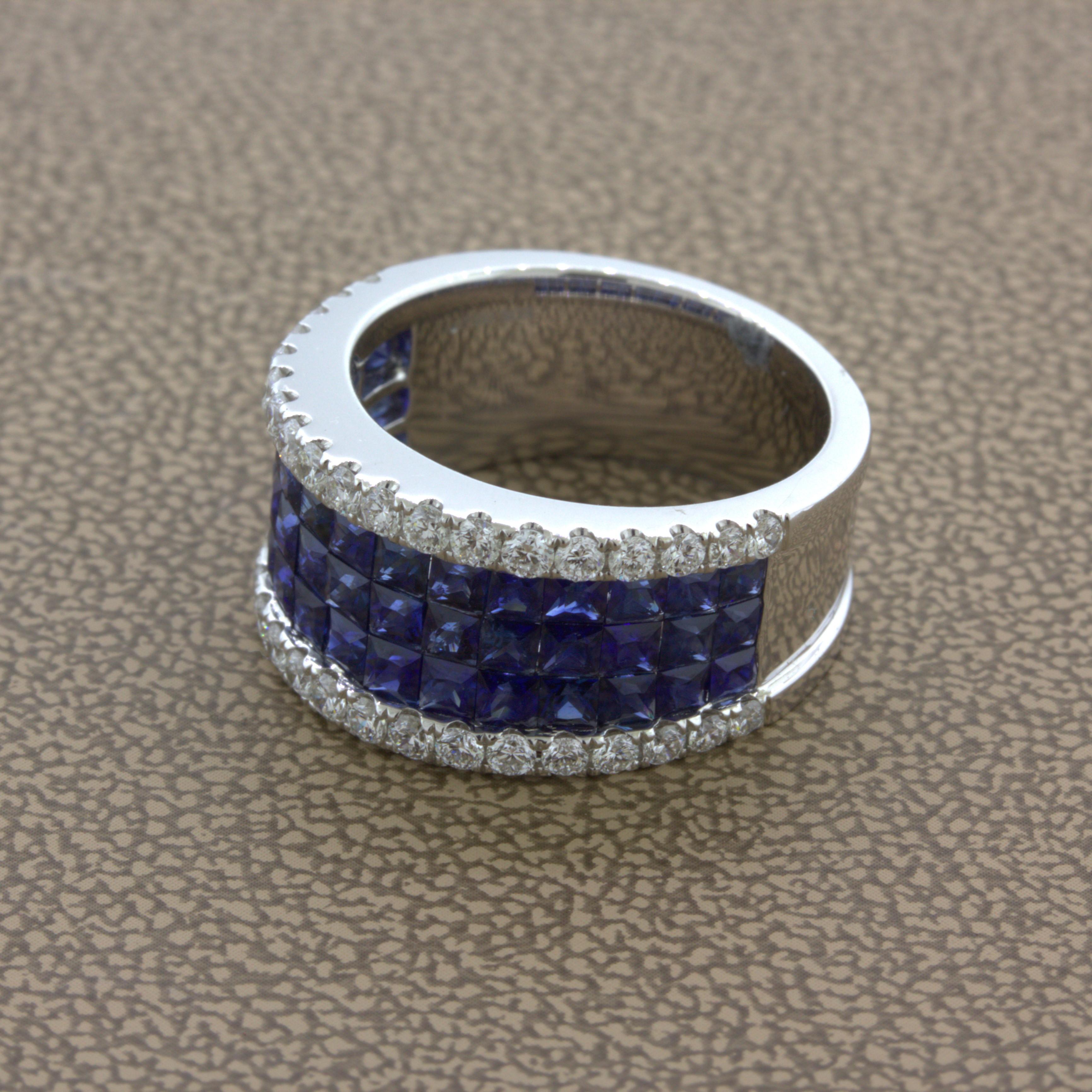 Brilliant Cut Blue-Sapphire Diamond 18k White Gold Band Ring For Sale
