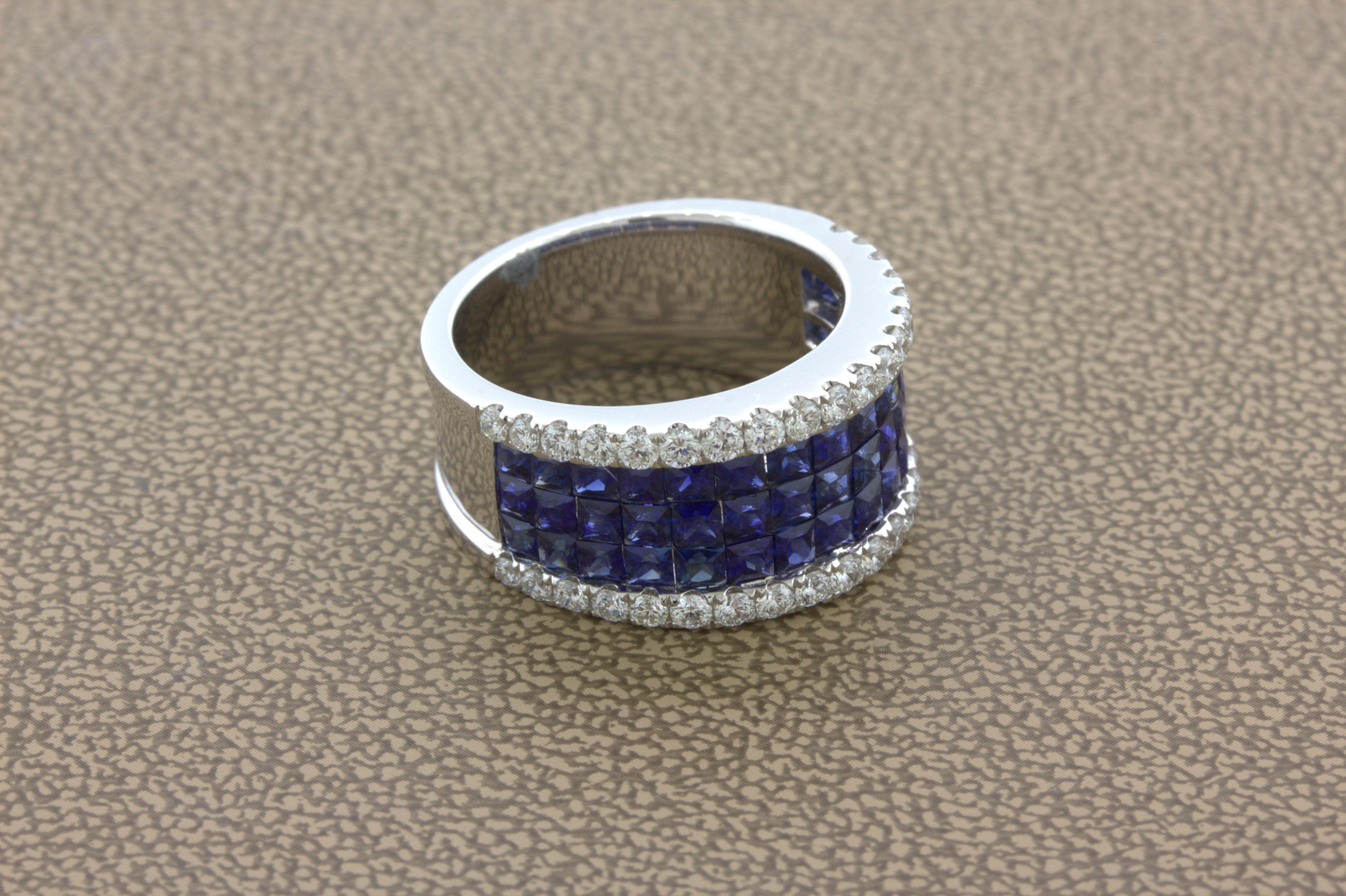 Blue-Sapphire Diamond 18k White Gold Band Ring In New Condition For Sale In Beverly Hills, CA