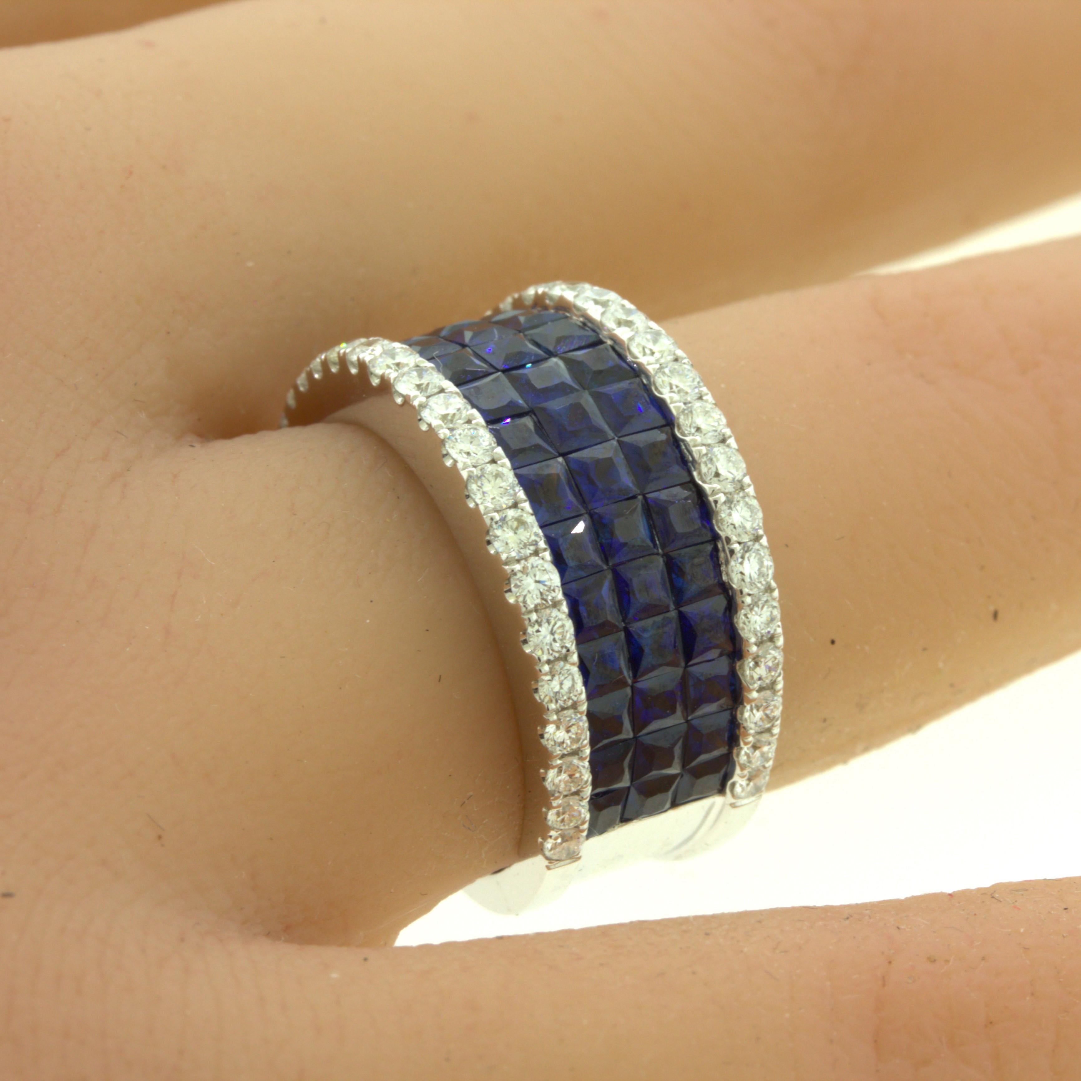 Women's Blue-Sapphire Diamond 18k White Gold Band Ring For Sale
