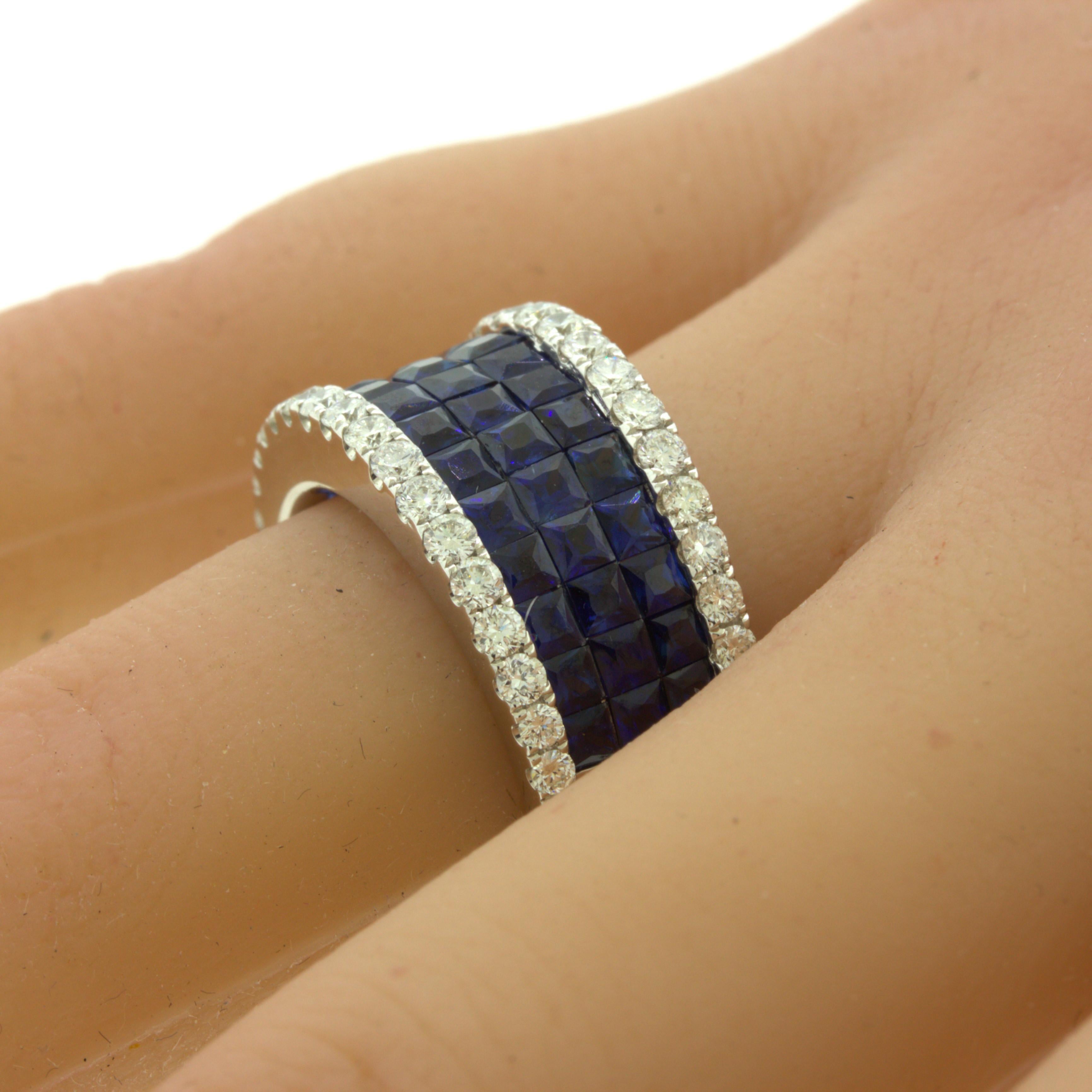 Blue-Sapphire Diamond 18k White Gold Band Ring For Sale 1