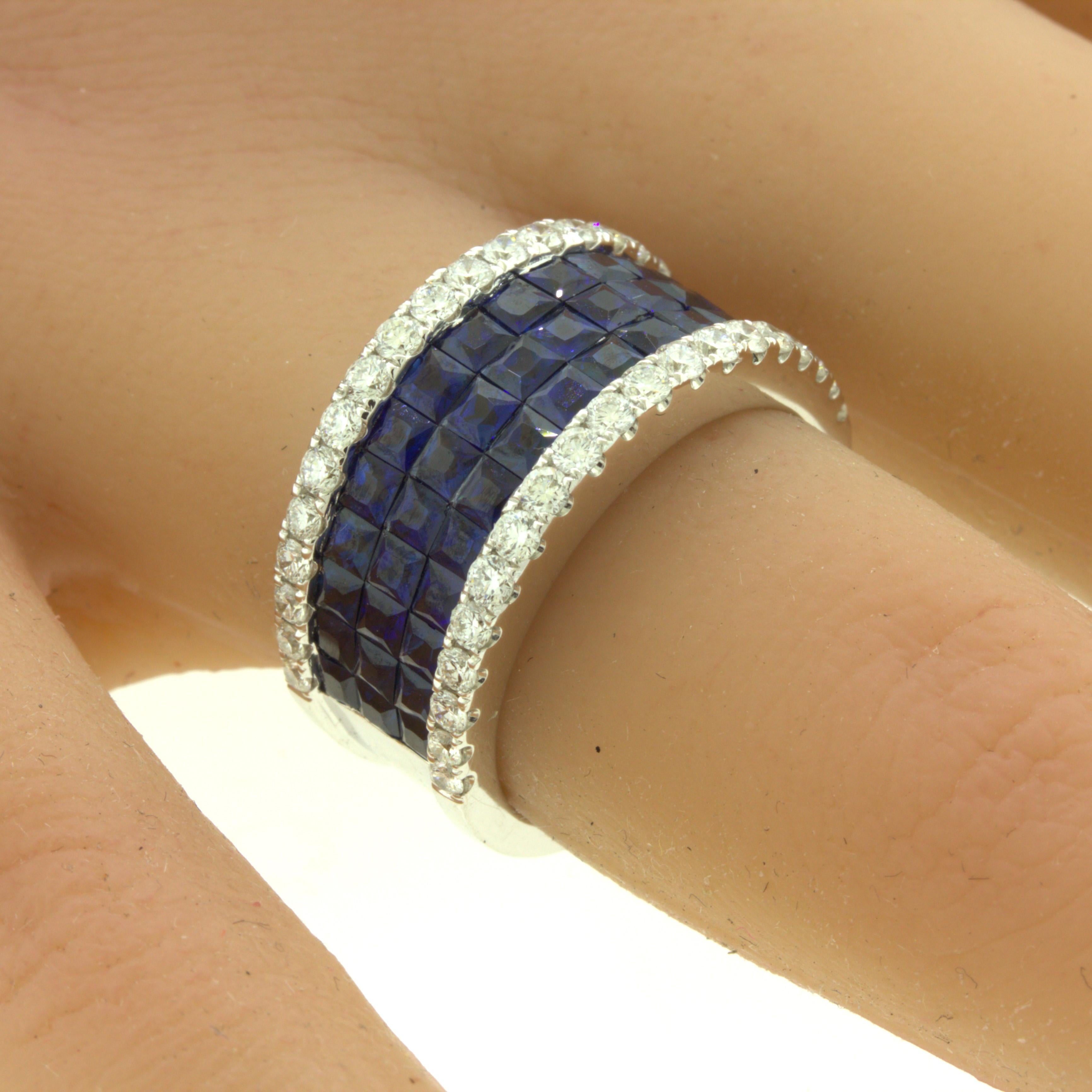 Blue-Sapphire Diamond 18k White Gold Band Ring For Sale 2
