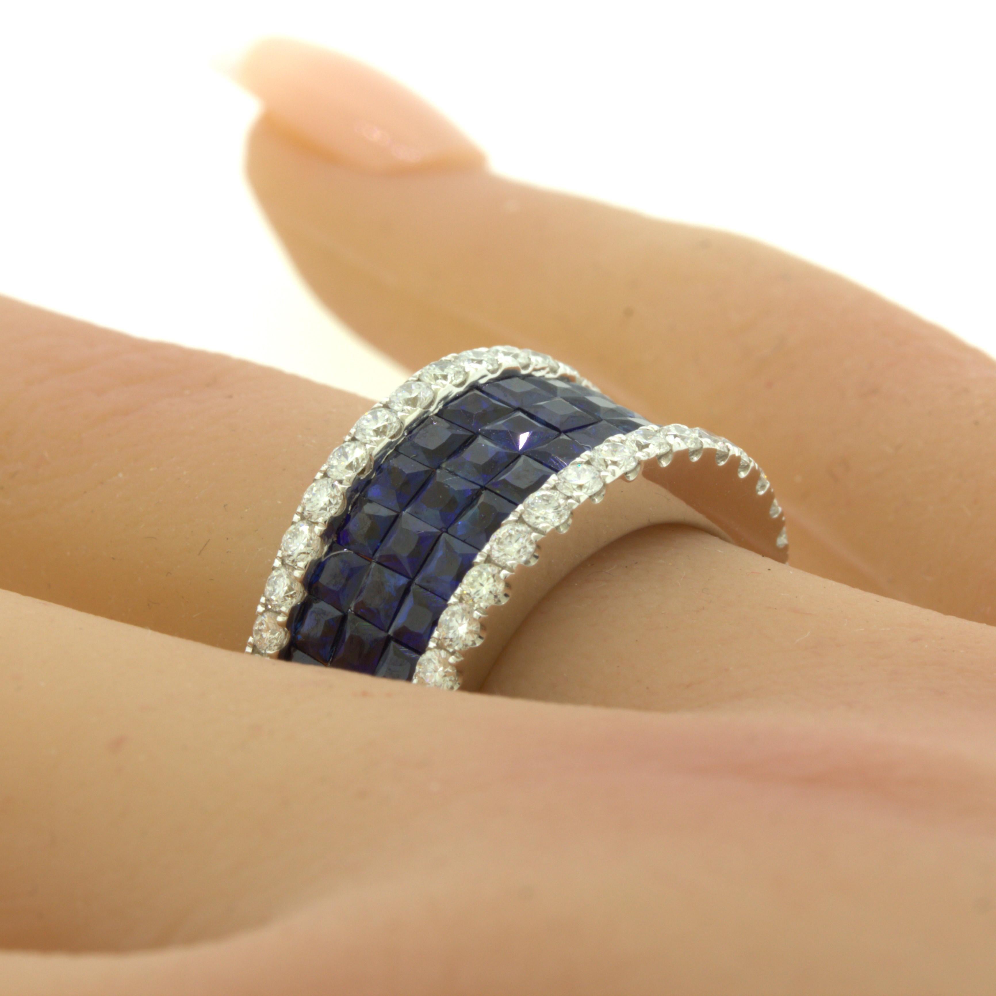 Blue-Sapphire Diamond 18k White Gold Band Ring For Sale 3
