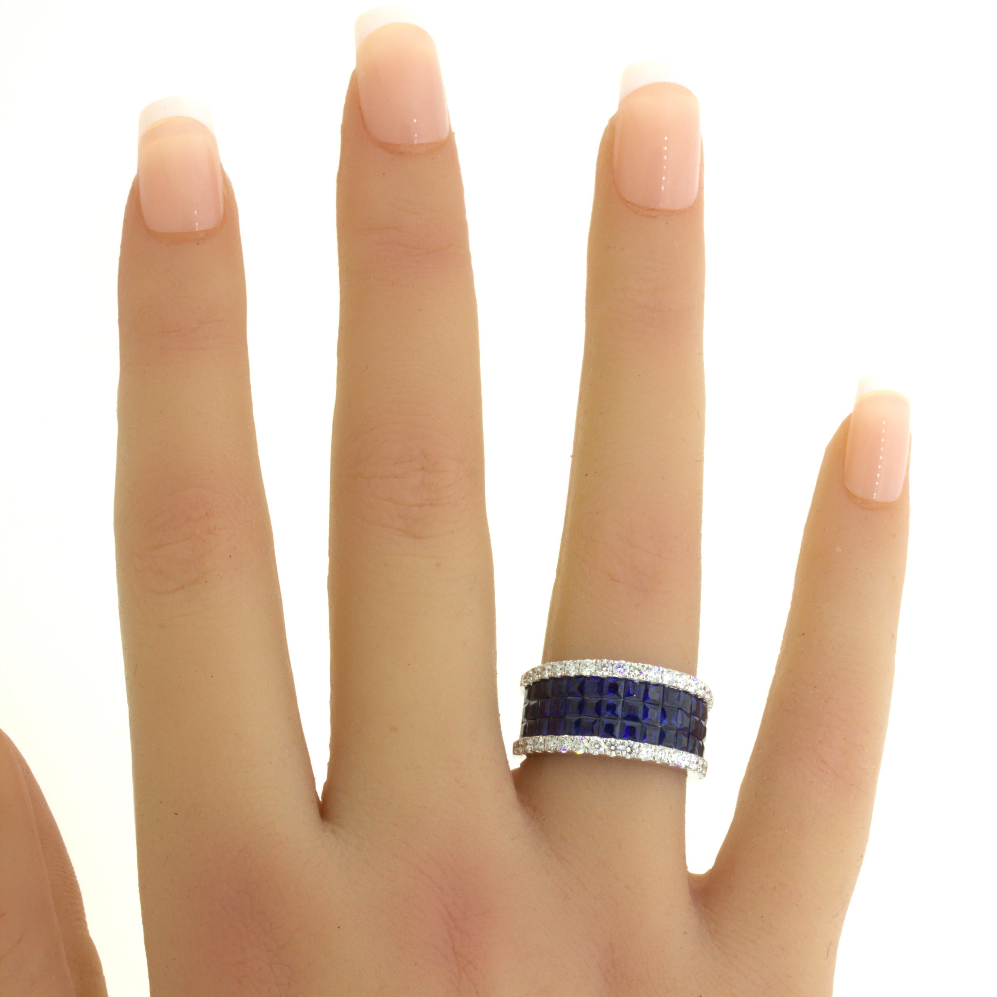 Blue-Sapphire Diamond 18k White Gold Band Ring For Sale 4