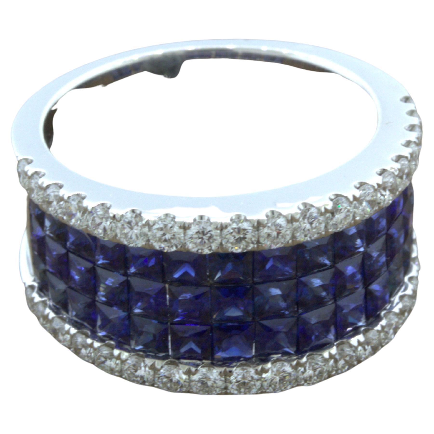 Blue-Sapphire Diamond 18k White Gold Band Ring For Sale