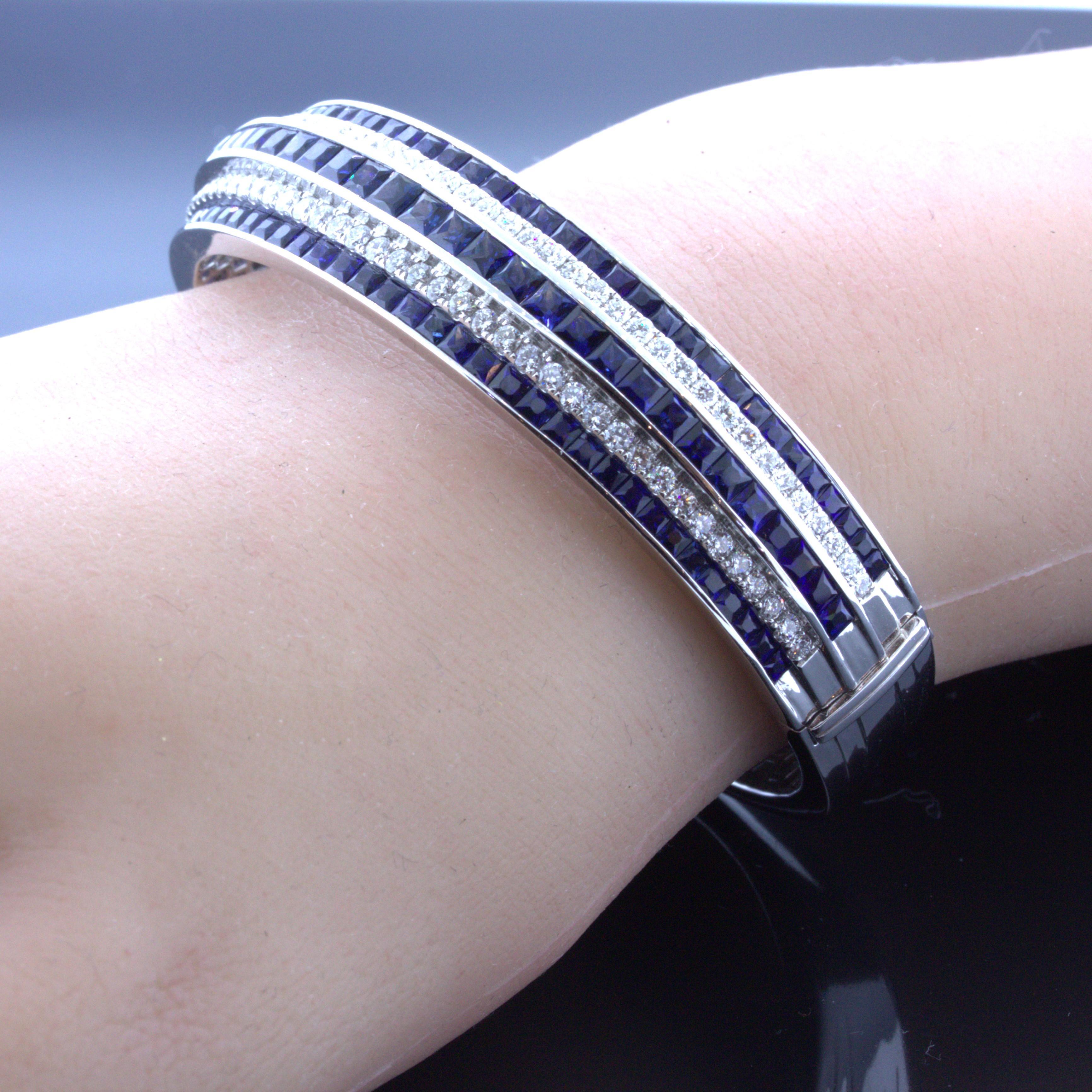 Blue-Sapphire Diamond 18k White Gold Bangle Bracelet In New Condition In Beverly Hills, CA