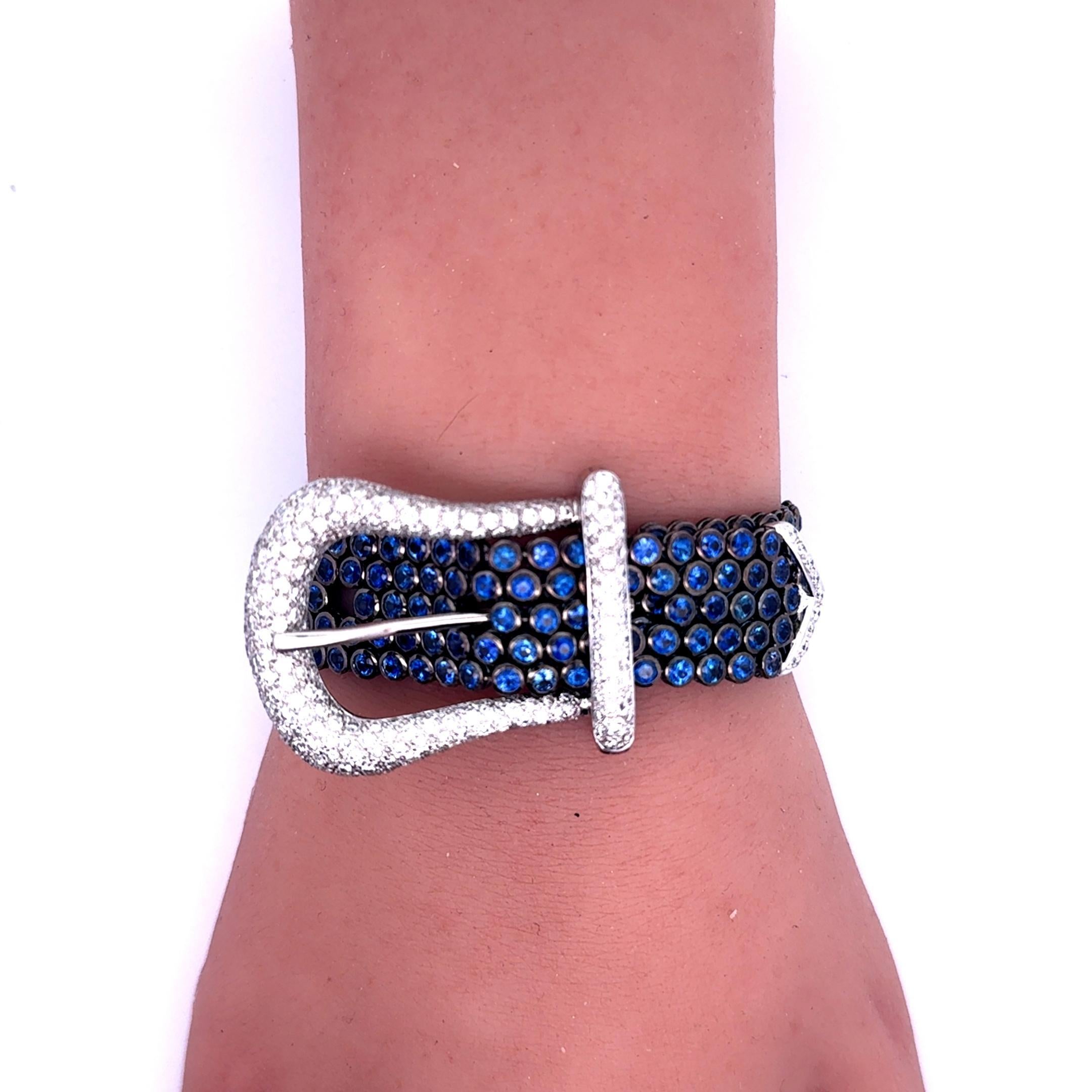 Blue Sapphire & Diamond 18k White Gold Belt-Buckle Bracelet In New Condition For Sale In Beverly Hills, CA