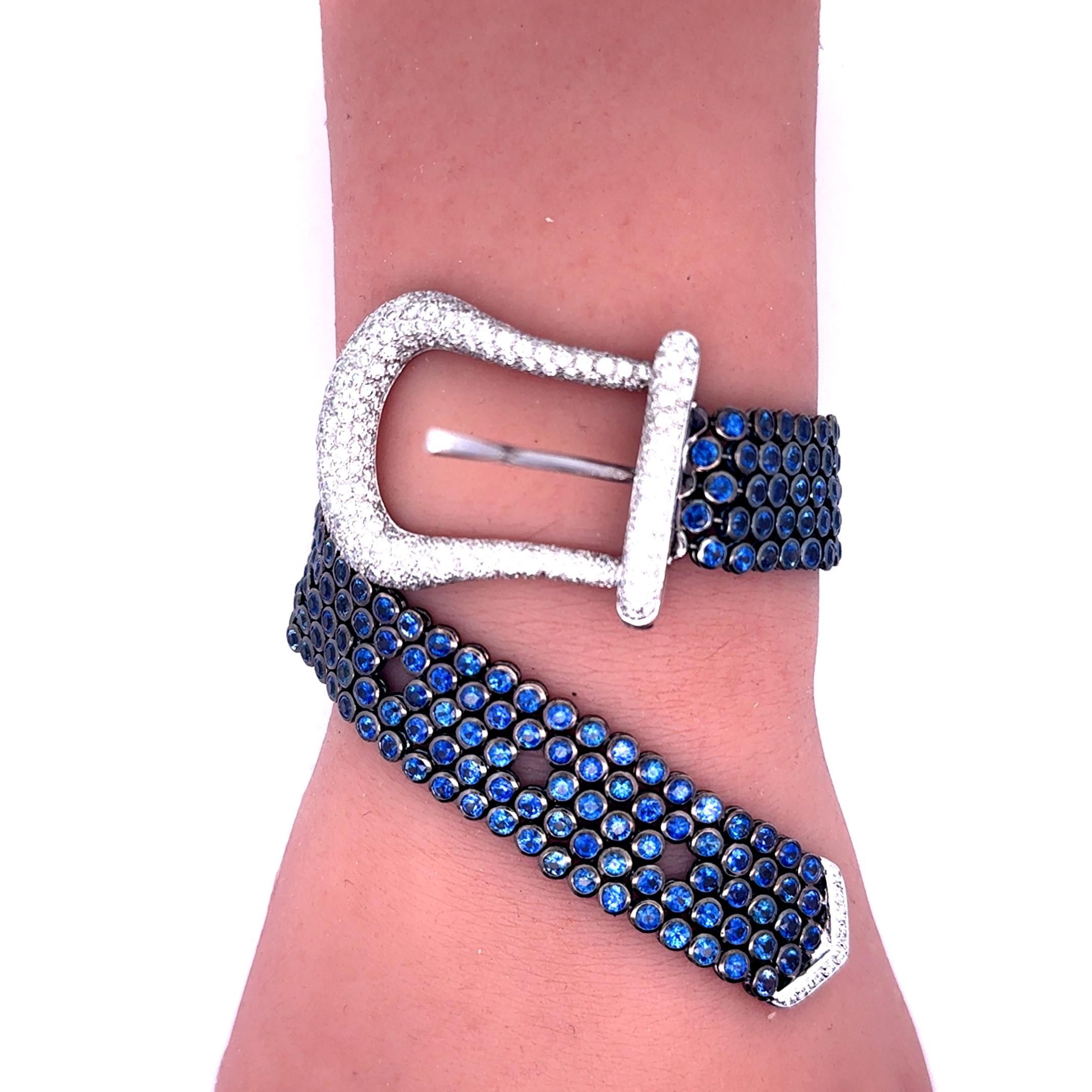 Women's Blue Sapphire & Diamond 18k White Gold Belt-Buckle Bracelet For Sale