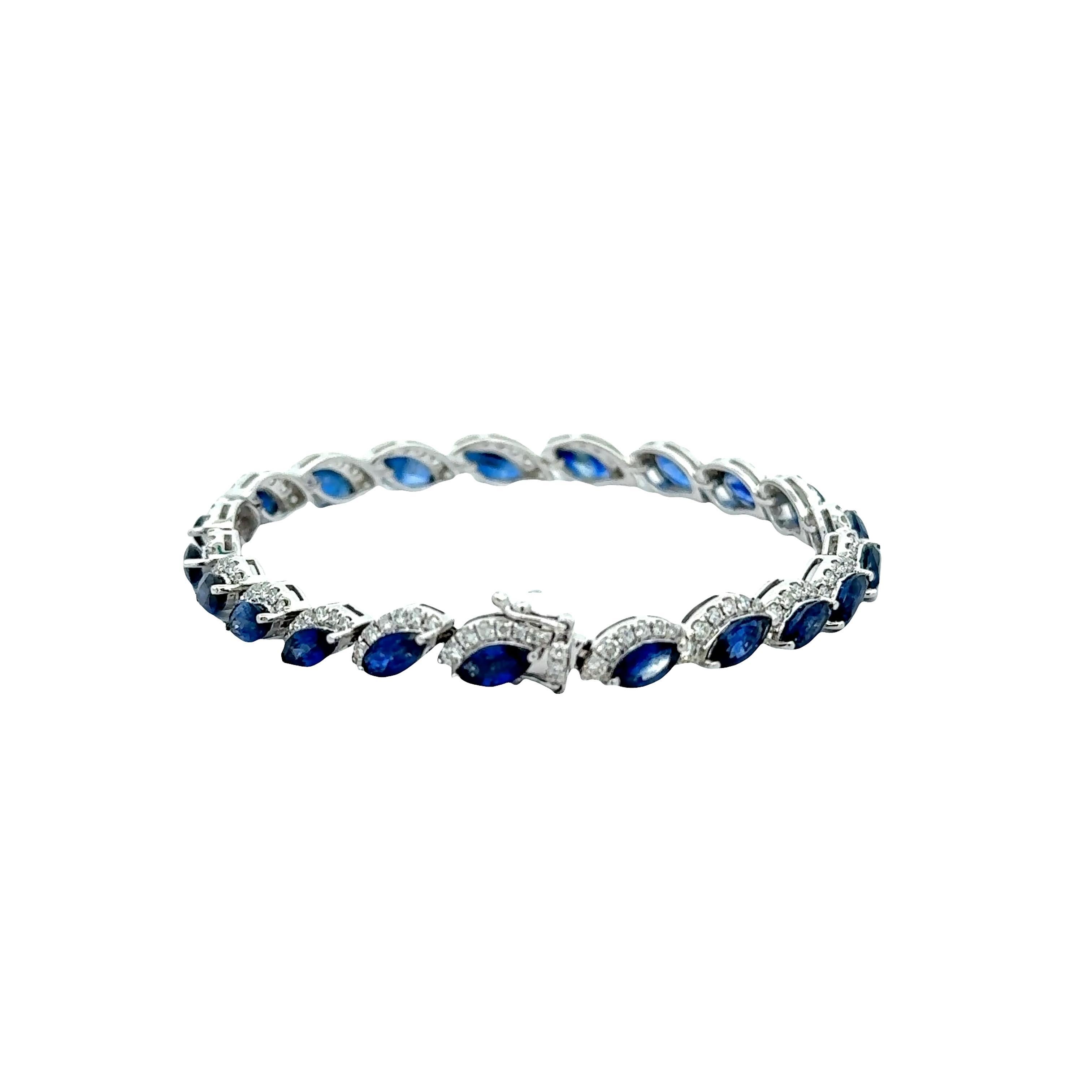 Taille Marquise Bracelet en or blanc 18k avec saphir bleu et diamant en vente