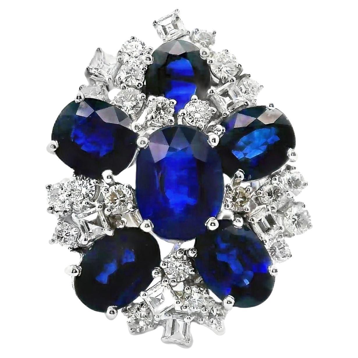 Blue Sapphire Diamond 18k White Gold Cluster Ring
