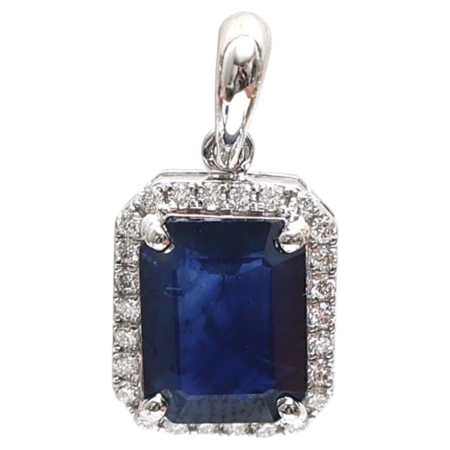 2.39ct Blue Sapphire Diamond 18K White Gold Emerald-Cut Pendant Necklace