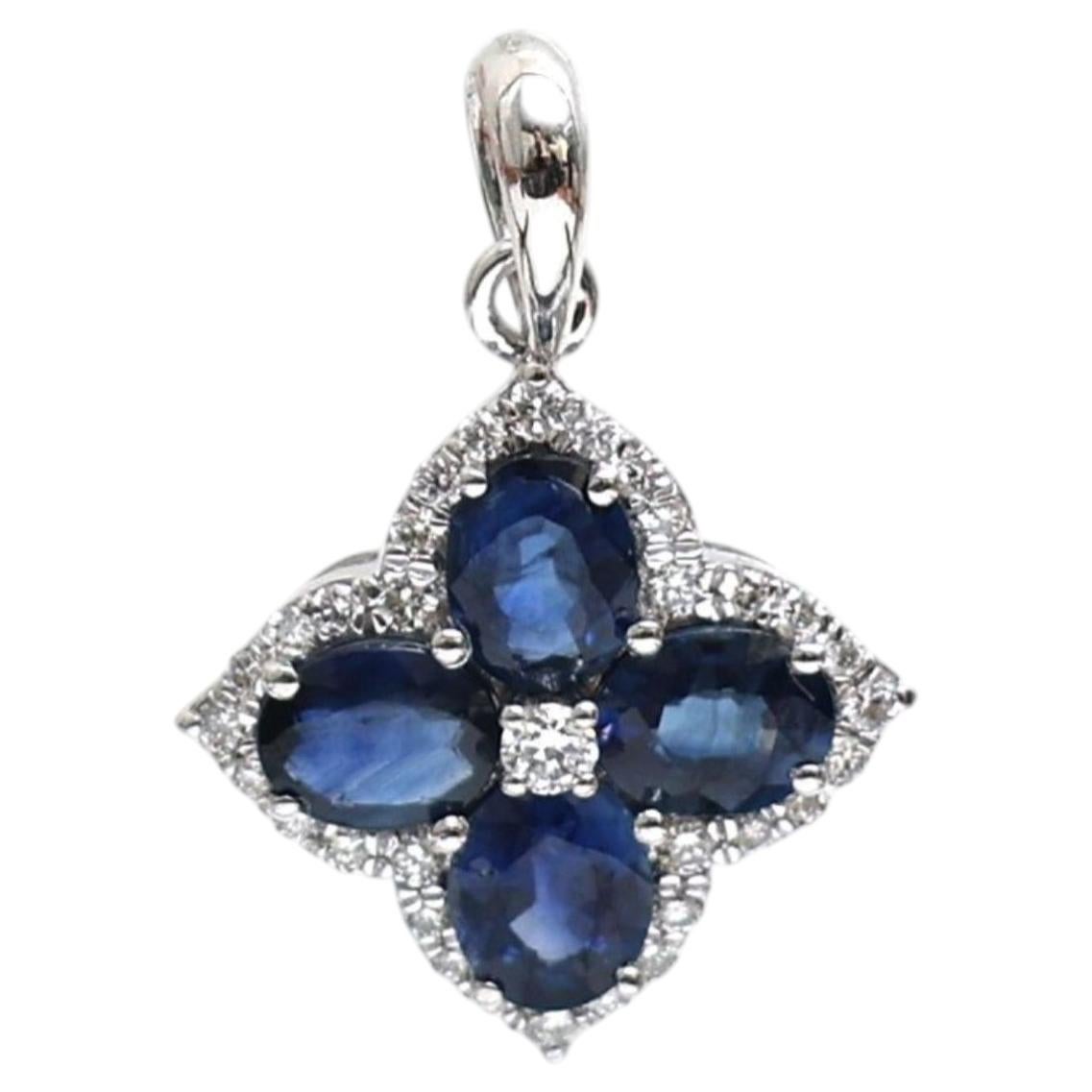 1.84ct Blue Sapphire Diamond 18K White Gold Floral Pendant Necklace