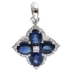 1.84ct Blue Sapphire Diamond 18K White Gold Floral Pendant Necklace