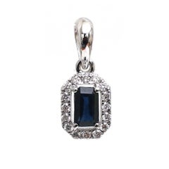 Blue Sapphire Diamond 18K White Gold Rectangle Pendant Necklace