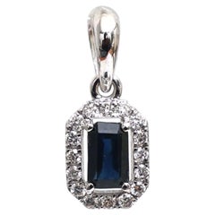 Blue Sapphire Diamond 18K White Gold Rectangle Pendant Necklace