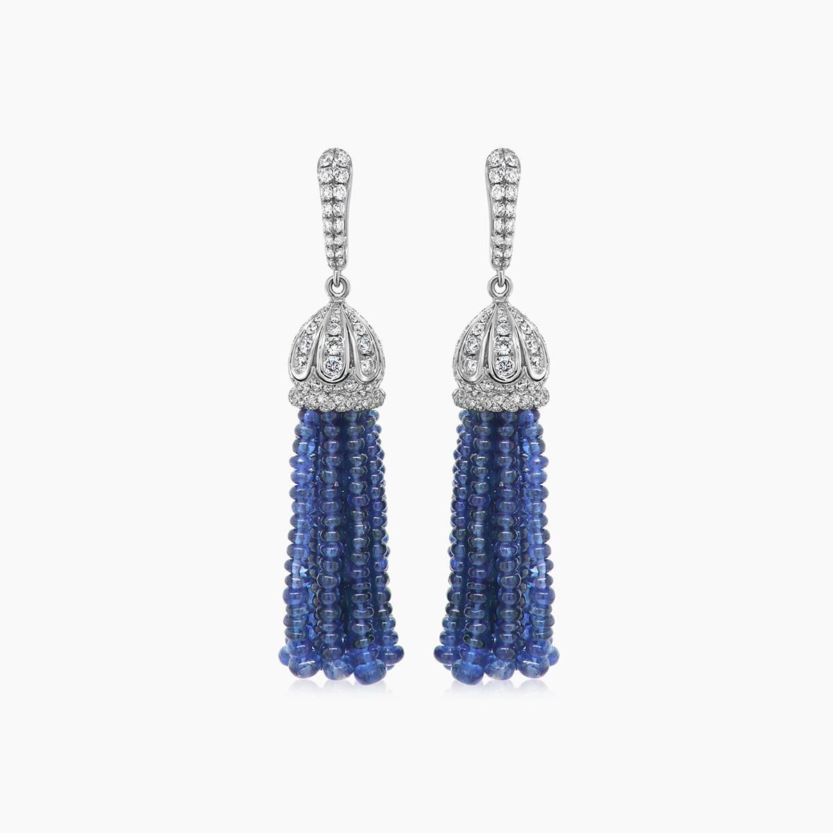 Blue Sapphire & Diamond 18K White Gold Tassel Bead Drop Earrings In New Condition For Sale In Oakton, VA