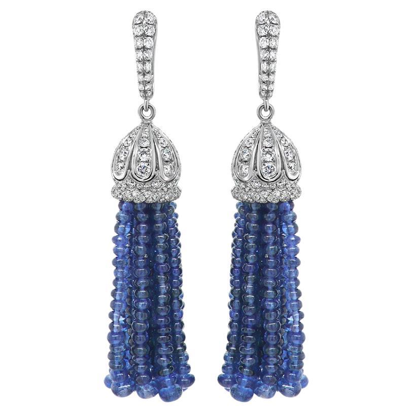 Blue Sapphire & Diamond 18K White Gold Tassel Bead Drop Earrings For Sale