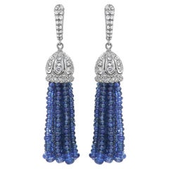 Blue Sapphire & Diamond 18K White Gold Tassel Bead Drop Earrings
