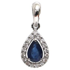 Blue Sapphire Diamond 18K White Gold Teardrop Pendant Necklace