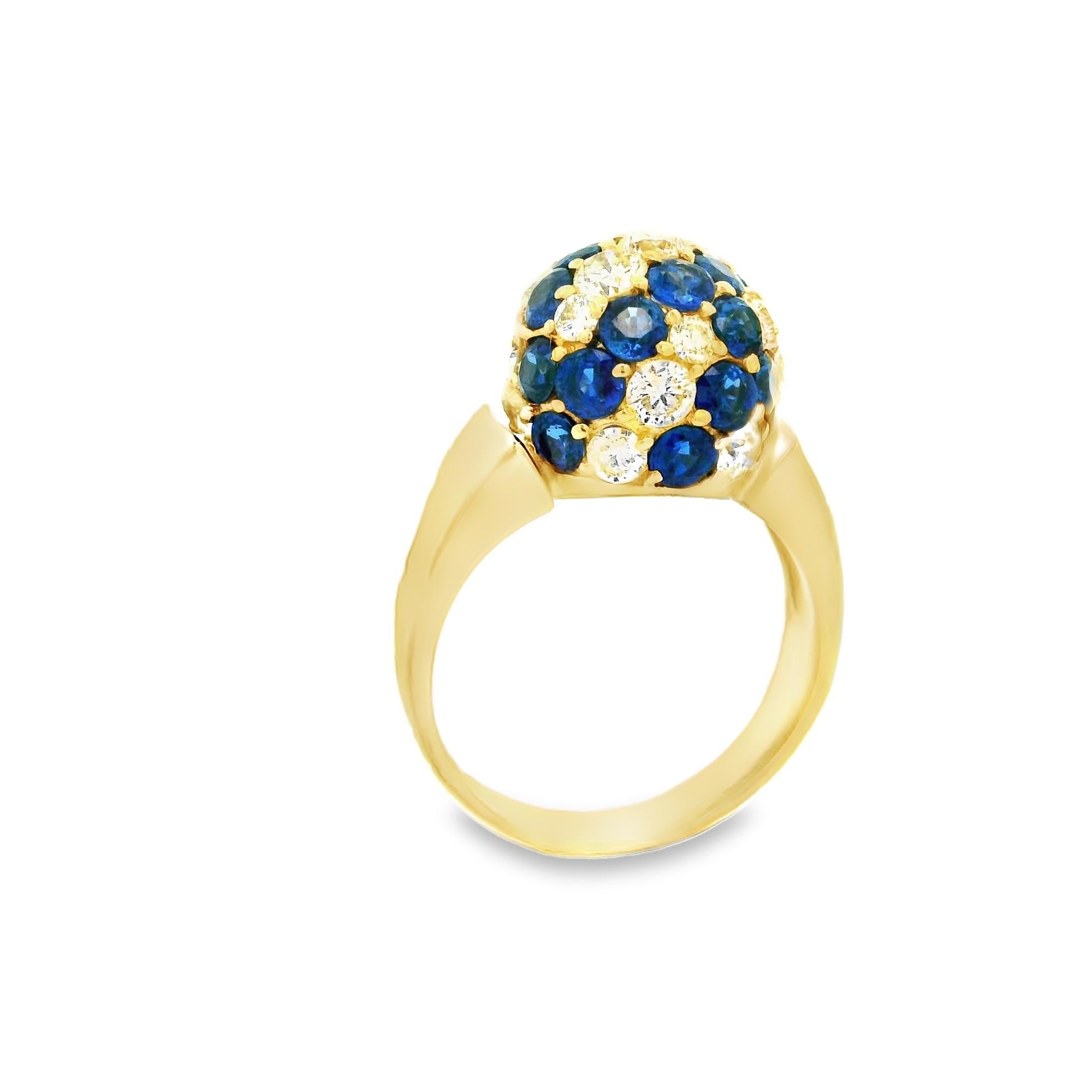 Round Cut Blue-Sapphire Diamond 18k Yellow Gold Sphere Ring For Sale