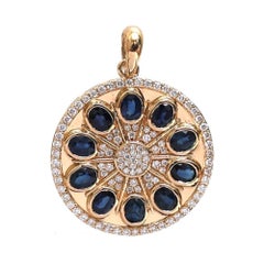 2.32ct Blue Sapphire Diamond 18K Yellow Gold Sunburst Pendant Necklace