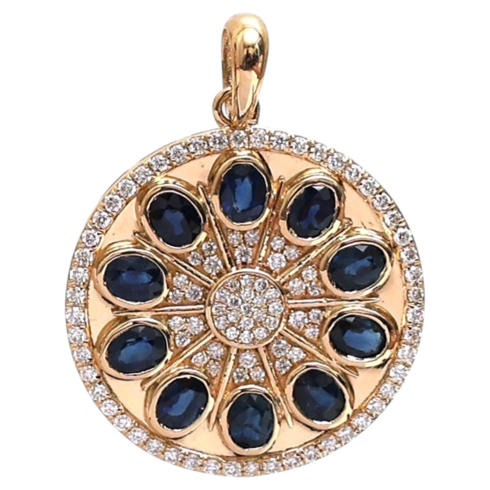 2.32ct Blue Sapphire Diamond 18K Yellow Gold Sunburst Pendant Necklace