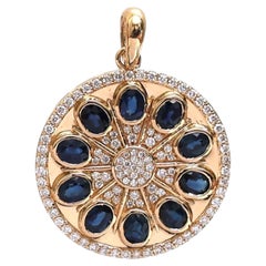 2.32ct Blue Sapphire Diamond 18K Yellow Gold Sunburst Pendant Necklace